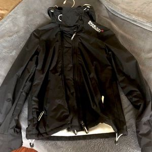 Superdry Black Arctic Windcheater Pop Zip Jacket Coat w/ Hood & Lining, Small